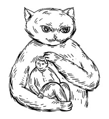 Cat holds a man. Vintage monochrome hatching illustration isolated on white