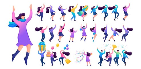 Set of a fun teen girl. Presentation in various in various poses and actions. 2D Flat character vector illustration N6