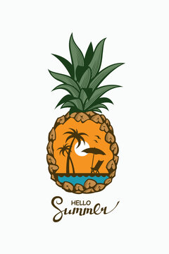 emblem of pineapple tropical fruit with sea, palm and seagulls