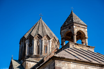 The dome and the bell tower of the Saint John the Baptist church of Gandzasar monastery in Nagorno Karabakh (Artsakh) Republic - 428237514