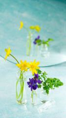 Beautiful delicate flowers in glass bottles are reflected in the mirror