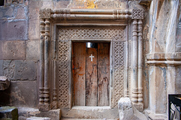 Beautiful ornate church entrance at the medieval Kobayr monastery in Debed canyon, Lori, Armenia - 428237922