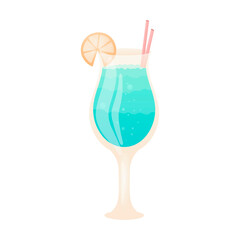 Vector isolated illustration on white background. A glass of blue alcoholic or non-alcoholic cocktail with a straw and a lemon wedge. Design element for bar or restaurant menu.