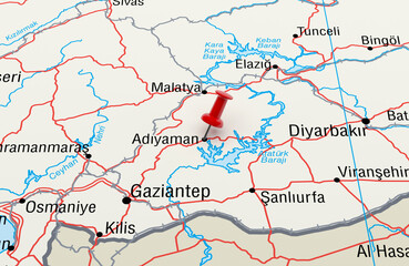 Map showing Adiyaman, Turkey with a Red Pin. 3D Rendering