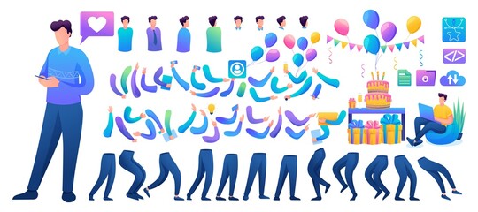 Constructor for creating a fun teen Man. Create your own character with a Set of hands and feet. Flat 2D characters N7