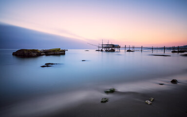 Trabocco (Trabucco) at sunset, Punta Cavalluccio, Rocca San Giovanni, Chieti, Abruzzo, Italy