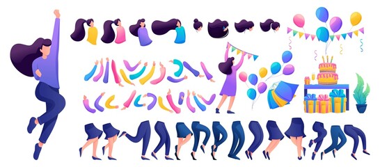 Constructor for creating a fun teen girl. Create your own character with a set of hands and feet. Flat 2D characters N9