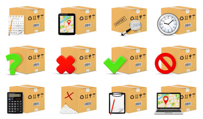 Delivery cardboard boxes with handling and packing objects and signs