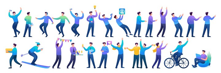 Set of fun teen men with different poses for use in vector illustrations