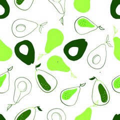 Seamless pattern with avocado isolated on white. Abstract line style. Vector illustration. Design for card, textile, kids, fabric, wrapping, scrapbooking.