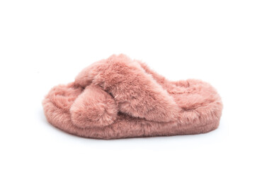 Fototapeta na wymiar pink fluffy home women slippers supply isolated onn white background .
