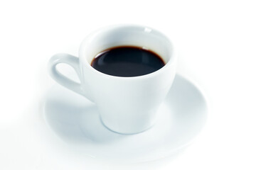 Ceramic coffee cup, many coffee beans isolated on white background