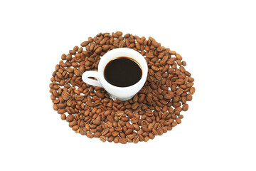 Ceramic coffee cup, many coffee beans isolated on white background