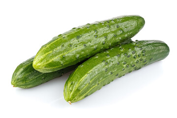 Three ripe green cucumber in stack isolated on white background