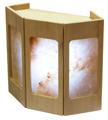Wooden lamp with himalaya salt tiles for sauna closeup isolated white