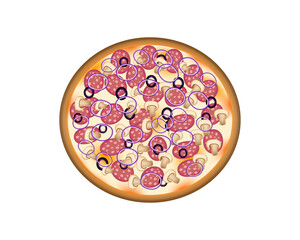 Fresh pizza with cheese, olives, sausage, onions,. Traditional Italian fast food. Food top view. European appetizer. Isolated white background