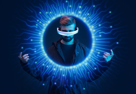 Man on dark virtual reality background. Guy using VR helmet. Augmented reality, future technology, game concept. Blue neon light. Futuristic holographic interface to display data.