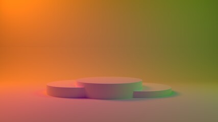 3d Podium for packaging presentation and cosmetic. Product display with colorful plastic textures. 3d illustration