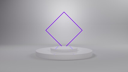 White 3D Podium with blue neon light for packaging presentation. Product display with white plastic textures. 3d illustration