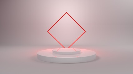 White 3D Podium with red neon light for packaging presentation. Product display with white plastic textures. 3d illustration