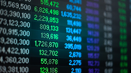 Obraz premium Financial data in term of a digital prices on LED display. A number of daily market price and quotation of prices chart to represent candle stick tracking in Forex trading. 