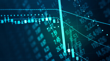 Financial data in term of a digital prices on LED display. A number of daily market price and quotation of prices chart to represent candle stick tracking in Forex trading.	