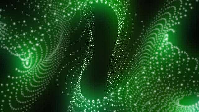 Rotating green abstract fractal with bright particles.