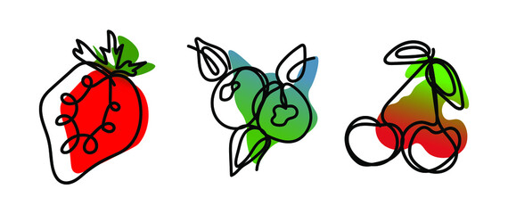 Vector set of berry blueberry, cherry and strawberry in one line endless style. Collection with color abstract  spot background. Can be applied as a sticker, icon, logo.