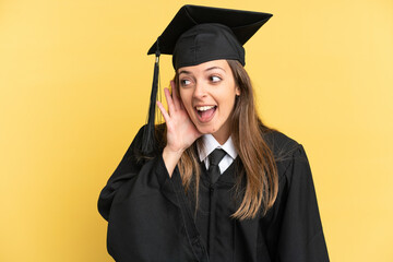Young university graduate isolated on yellow background listening to something by putting hand on the ear