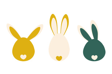 Cute tender bunnies with funny ears for Easter. Greeting card in trendy colors. Print for clothes, pillows, children's and kitchen textiles. Vector graphics.