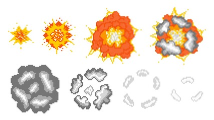 Stages destructive pixel explosion illustration. Initial flash increase in fireball and red powerful detonation with smoke dispersion and disappearance vector gray clouds.