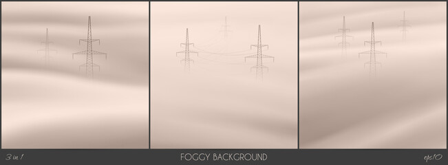Transmission tower. Foggy clouds. Abstract fog waves. Urban landscape