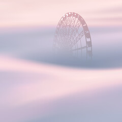 Ferris Wheel. Amusement park. Foggy clouds. Fog waves. Urban landscape