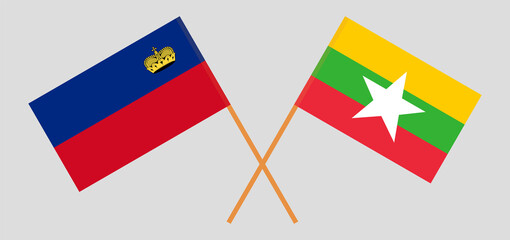 Crossed flags of Liechtenstein and Myanmar. Official colors. Correct proportion