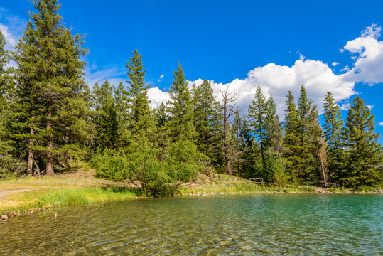 Majestic mountain lake in Canada. Anette Lake view in Jasper, Alberta, Canada. Rocky Mountains.