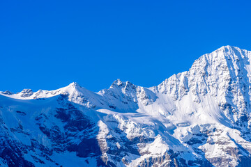 The Swiss Alps at Murren, Switzerland. Jungfrau Region. The valley of Lauterbrunnen from Interlaken. Snow peaks.