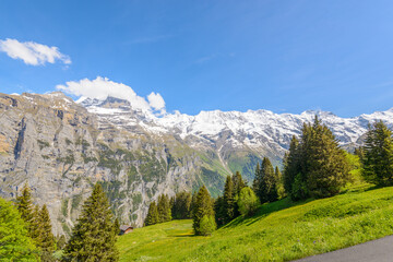 Fototapeta na wymiar The Swiss Alps at Murren, Switzerland. Jungfrau Region. The valley of Lauterbrunnen from Interlaken.