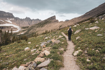 Fototapeta na wymiar Woman Hikes up To Piegan Pass in Montana mountains
