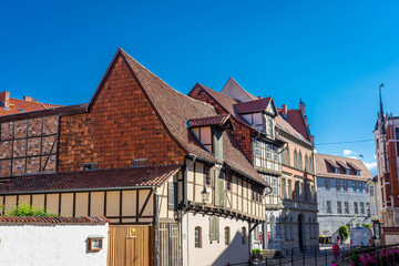 QUEDLINBURG, GERMANY, 28 JULY 2020: beautiful half-timbered houses in the streets of the historic center