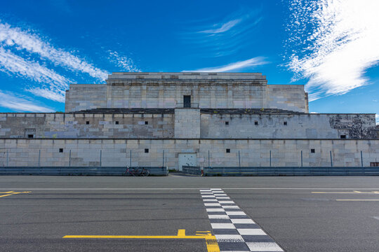 NUREMBERG, GERMANY, 28 JULY 2020 Remains of the Zeppelinfeld grandstand in Nuremberg, Germany. It is the grandstand from which Adolf Hitler made speeches during Nazi Party Rallies from 1933-38.