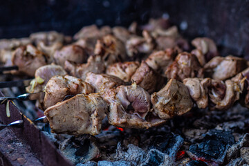 Fresh shish kebab on skewers is fried on the grill. Grilled meat on skewers.