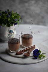 Chocolate pudding, dessert. Clean eating concept.  Delicious chocolate mousse in a glasses.