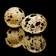 Quail eggs on a mirror,  isolated on black background