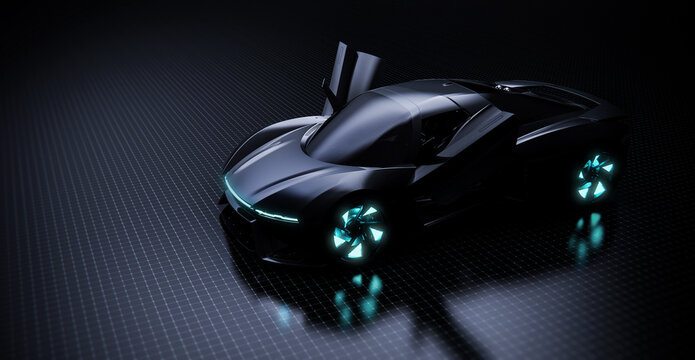 Futuristic black sports car with electric glowing wheels in simple dark environment (3D Illustration)