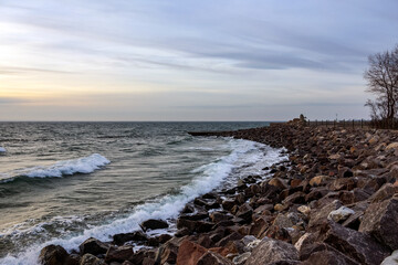 Poland, Hel - sunset on the beach at winter time.  