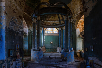 Interior of dark creepy abandoned church. Old rotunda