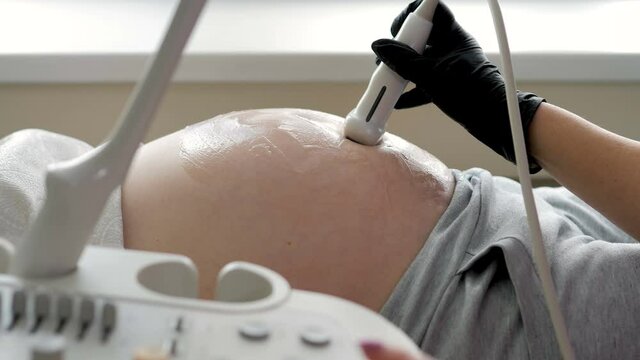 A professional female doctor with glasses makes a 3D ultrasound of the abdominal cavity of a pregnant woman in the clinic. The doctor uses ultrasound equipment when examining a pregnant woman.