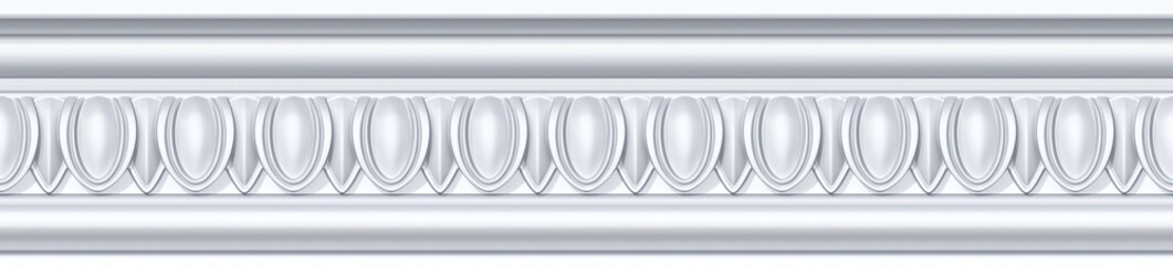 Seamless pattern of white classic mold cornice with classic ionic ornament for interior wall design. Repeating gypsum plaster frieze for ceiling decoration frame