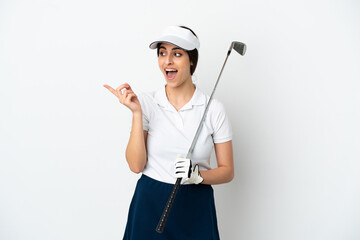 Handsome young golfer player woman isolated on white background intending to realizes the solution while lifting a finger up