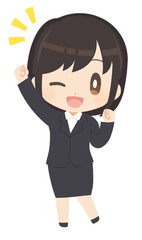 ガッツポーズで張り切るビジネススーツ姿の女性